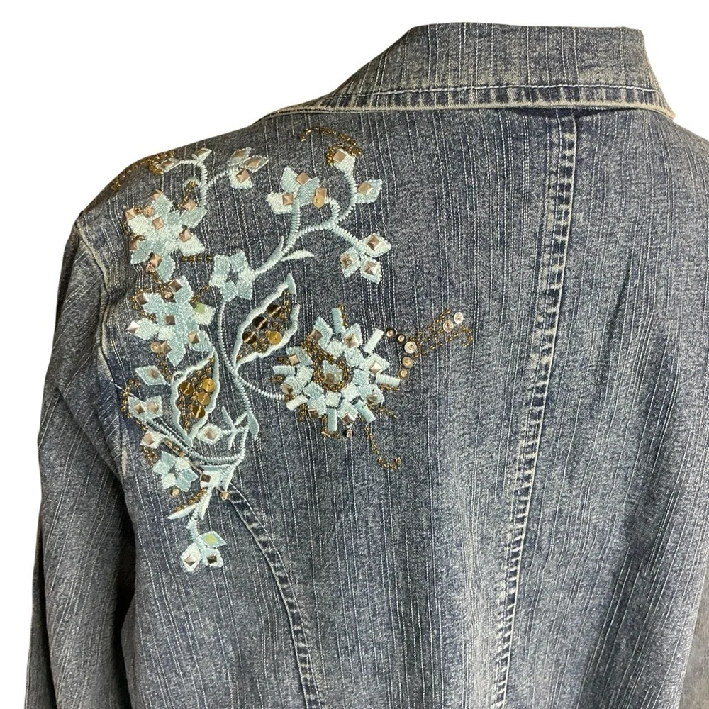Denim 24/7 Blue Jean Jacket Blazer Long Sleeve with Embroidered Floral Design - Picture 5 of 16